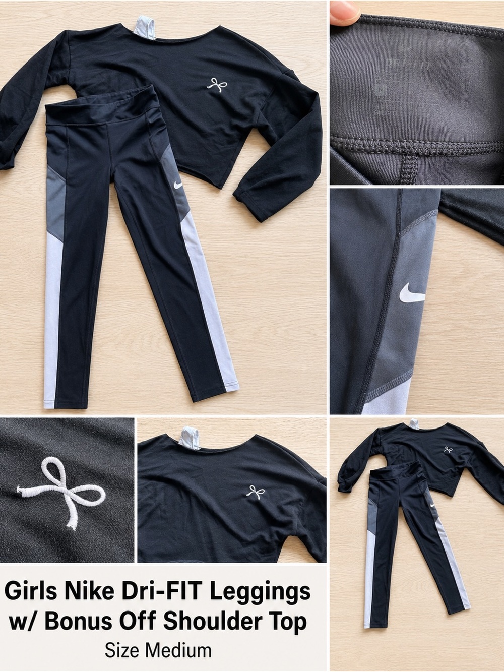 Girls Nike Dri-FIT Leggings + Off Shoulder Top Bundle Medium 10 Athleisure